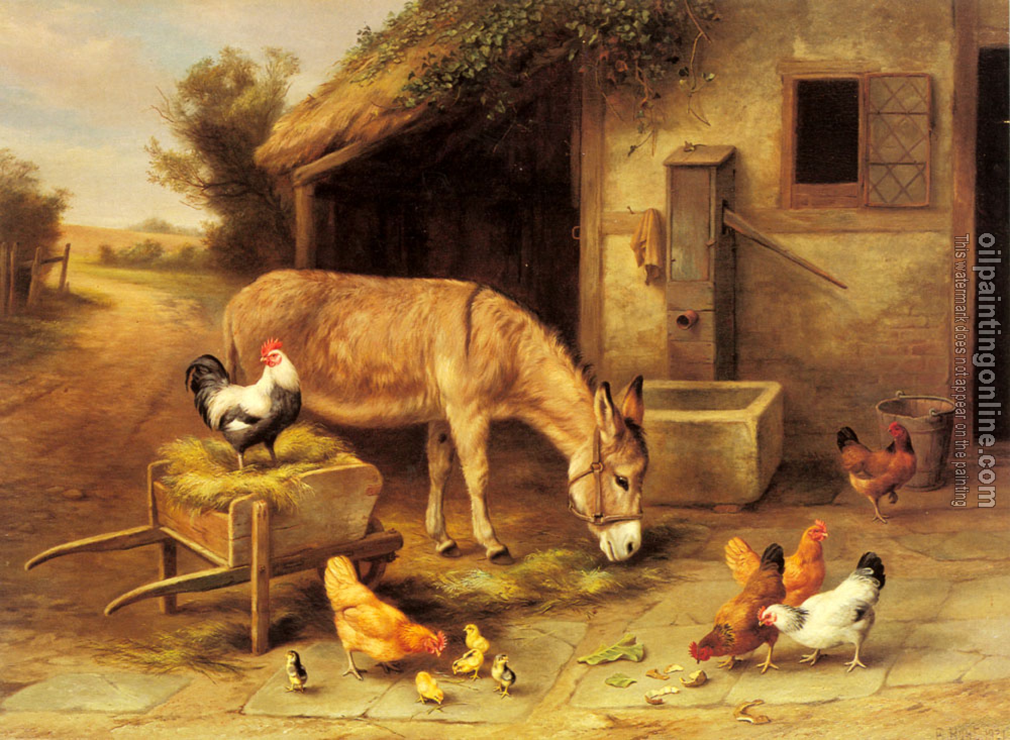 Edgar Hunt - A Donkey And Chickens Outside A Stable